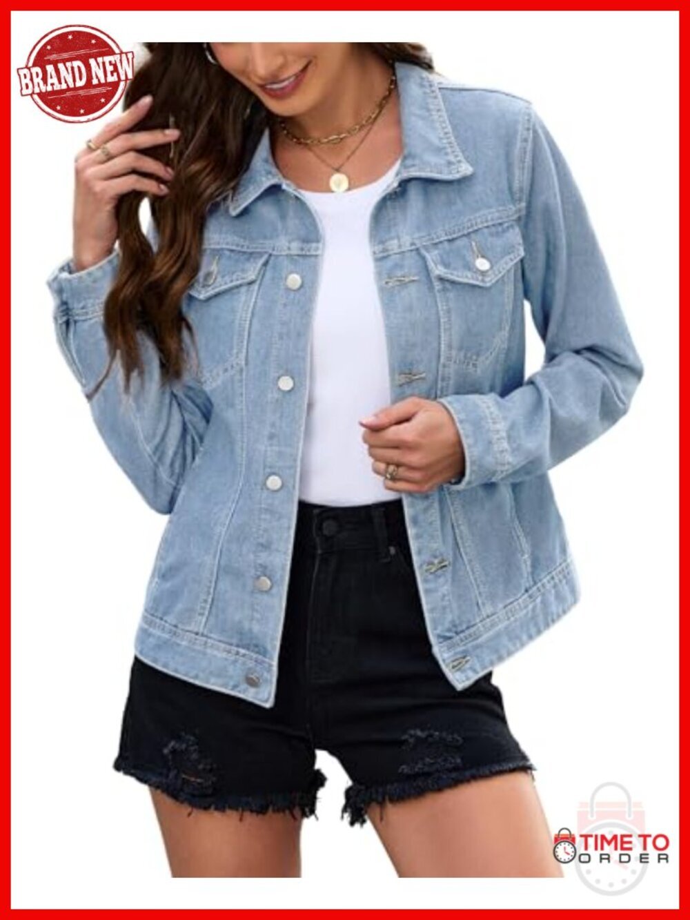 Cropped Denim Jacket Fitted Button Down Stretch Casual Jacket with Pockets